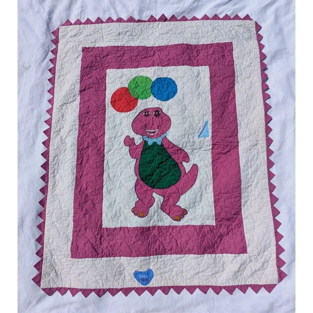 Vintage Handmade Barney the Dinosaur Baby Quilt Blanket Colorful Balloons 43